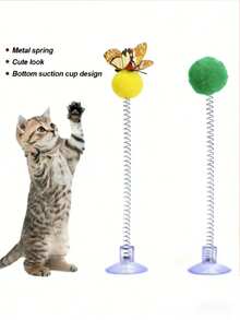 Suction Cup Base Metal Spring Cat Teaser Toy With Plush Ball, Interactive Cat Toy, No Battery Required, Vibrant Colors Suitable For All Cat Breeds, Stimulates Hunting Instincts, Simulates Hunting Scenes, Indoor Boredom Relief, Active Mind And Body, Fun Cat Teaser Gadget - Multicolor - View 6