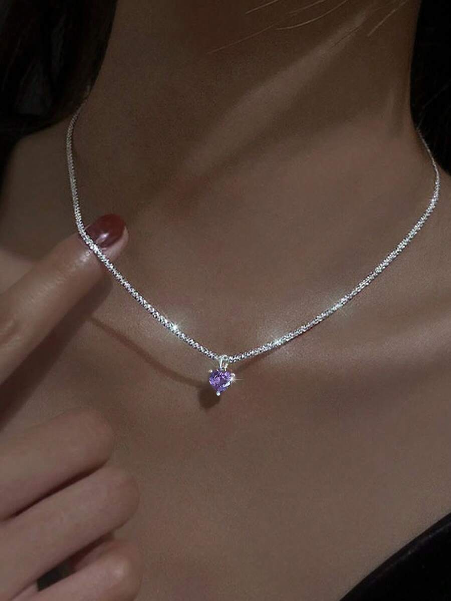 1pc Luxury Sparkling Clavicle Chain, Shimmering Purple Heart Zirconia Necklace For Valentine's Day - Silver - View 1