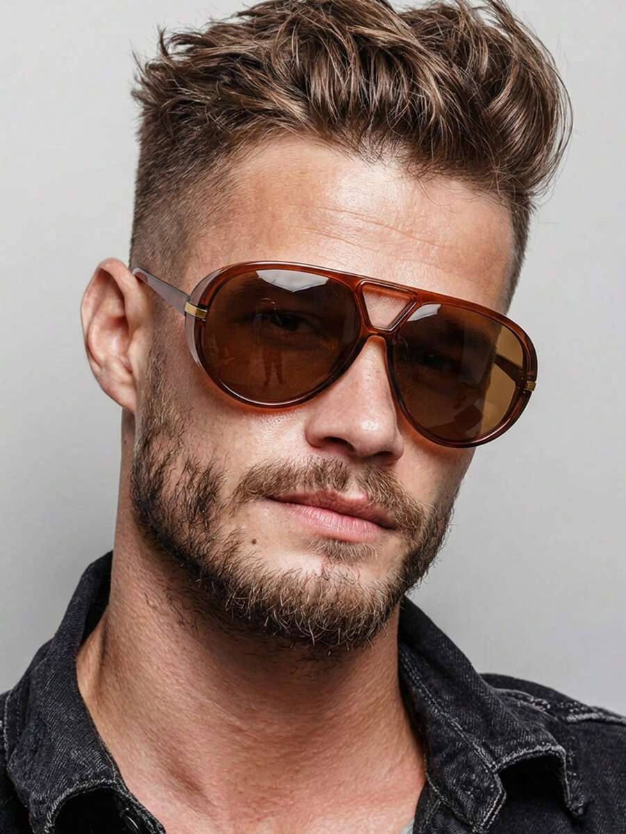 1副男士棕色圆形飞行员PC镜框个性化纯色复古双梁时尚街头风眼镜 - 棕色 - 查看 1