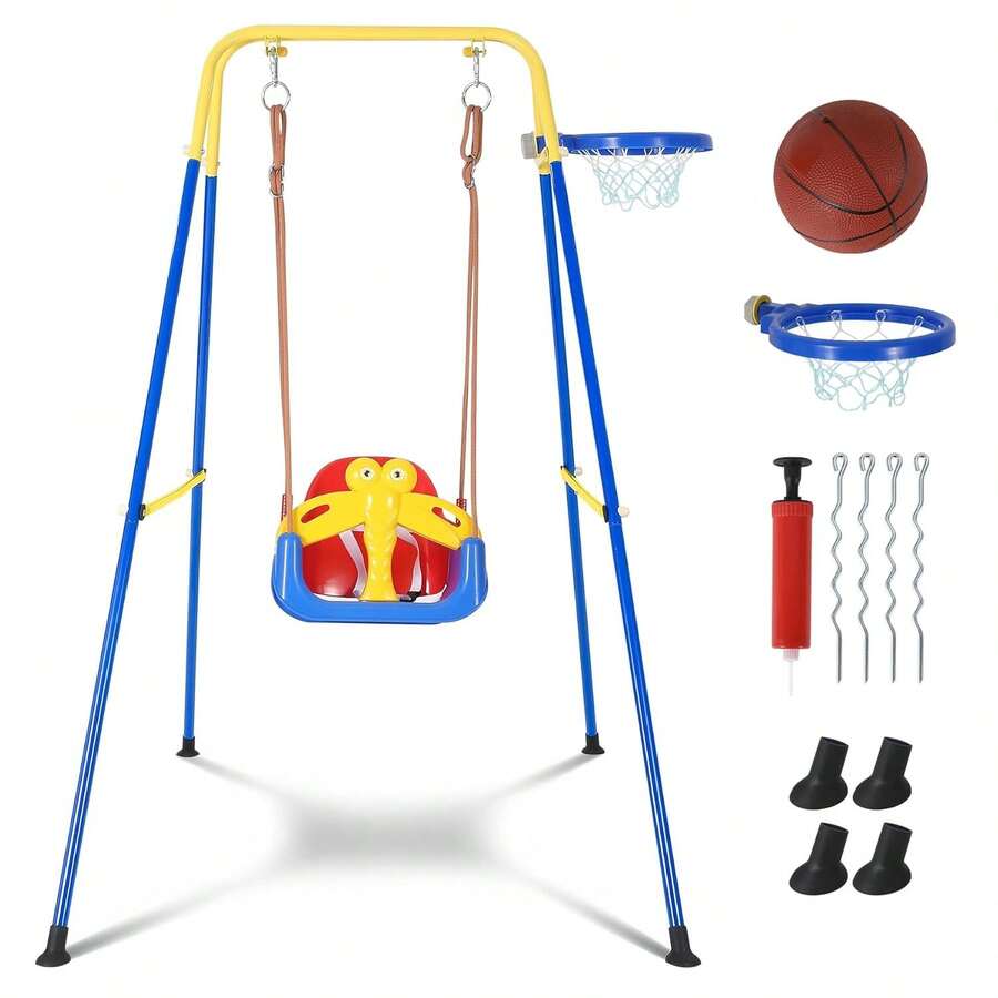 Conjunto de Columpios 4 en 1 para Niños, Columpio Exterior para Jardín, Incluye 1 Columpio de Cinturón, 1 Aro de Baloncesto con Estructura Metálica en A Resistente y Anclajes para Juegos - Azul - Ver 1