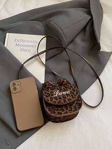 1pc Girls Leopard Print Bow PU Magnetic Closure Vintage Crossbody Bag, Suitable For Autumn/Winter Everyday Use