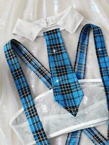 四件套女士性感制服套装，包括：透视网纱无肩带文胸、交叉露背格子迷你连衣裙、格子领结、格子丁字裤和性感内衣连衣裙 - 藍色 - 查看 5