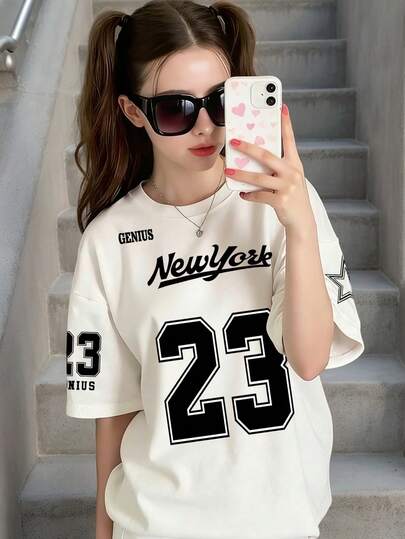 Tween Girls' Casual Letter & Number Print Short Sleeve T-Shirt, Summer