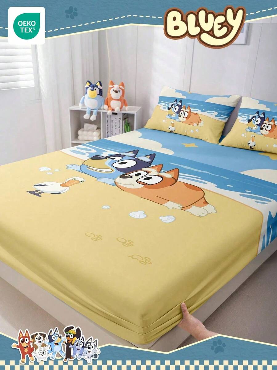 Bluey 卡通数码印花床单，床上用品，床垫保护套，床罩，床笠，舒适家纺，冷色调床笠，透气防起球床垫保护套，柔软亲肤，沙滩卡通图案床罩