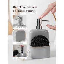 INGOFIN Ceramic Soap Dispenser With Sponge Holder - 2-In-1 Kitchen Refillable Hand Dish Soap Bottle & Sponge Caddy Set For Kitchen Sink And Bathroom, Blue-Grey - BlueGrey - View 4