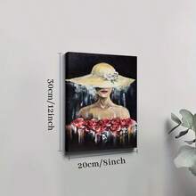 2D Flat Printing, 1pc, A Figure (With Visible Lips) Wears A Large Light Hat With White Flowers, With Red Roses Around The Torso And Paint Drips On A Dark Background, Canvas Wall Art For Living Room, Bathroom Wall Art Bedroom Framed Wall Art Poster Art Prints Ready To Hang Pictures Home Decorations Wall Decor For Office - 彩色 - 查看 6
