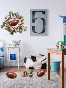 1卷足球主题礼品包装丝带，带铁丝边，适用于DIY工艺品、花环和礼品包装，棕色和秋叶图案，运动球铁丝边返校节丝带，天然包装装饰，用于礼品包装。