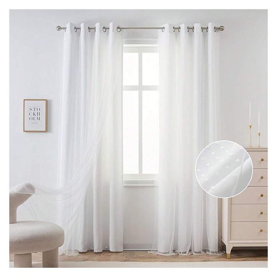 Curtains 90 Inch Length, White Polka Dot Sheer Curtains - Double Layer Window Drapes, 52"W X 2 Panel, Grommetfor Bedroom & Living Room - 如圖24 - 查看 1