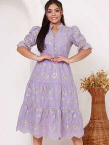 Women's Midi Dress With Embroidered Lace, All-Over Print, Embroidery, Button Detail, Ruffle Detail, Gathered Detail, Suitable For Formal And Evening Wear. - Lilac Bicolor 3d - View 1