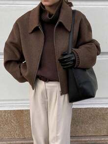 Old Money Style Spring Outfits For Women ,Valentine's Day,Commuting Clothes,Solid Color Long Sleeve Zipper Light Coat | Elegant Lapel Long Sleeve Short Coat For Spring | For Office/Daily Wear,Chic,Tops - Coffee Brown - View 3