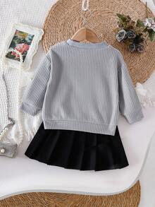 2pcs Baby Girls' Set, Light Gray Knit Top With Bow Accent Paired With Matching Mesh Skirt, Sweet, Cute, Retro Style, Autumn/Winter - Grey - View 2