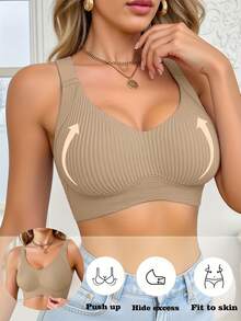 4 Pcs/Set Women's Seamless Solid Color Wire-Free Sports Bra, Providing Gathering And Soft Support, Suitable For Running And Yoga, With Comfortable Wide Straps.,Women's Bras,New Years Outfit Women,4 PSC Of Beautiful Back Soft Support Lifting Seamless Underwear Gathered Breathable Side Breasts Without Steel Ring Bra - 彩色 - 查看 2