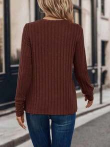 Ribbed Crew Neck-Shirt Elegant Long Sleeve Top Spring Autumn Two Seasons Autumn Winter Knitted Ribbed Base Shirt Solid Color Crew Neck Elastic Ribbed Long Sleeve-Shirt - Nâu đậm - Xem 5