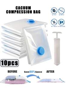 1/5/10个装便携式旅行收纳袋，大容量压缩袋，真空压缩袋，可重复使用真空袋，可折叠收纳盒，印花行李袋，防尘包装袋，防潮杂物袋，适用于衣物、床上用品、衬衫、卧室、衣柜、浴室、户外装备、家居收纳、返校季、旅行和度假必备品 - 彩色 - 查看 9