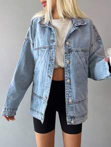 Women's Soft Oversized Denim Jean Jacket, Women's Spring Fashion Light Blue Comfortable Pocketed Outwear, Timeless Light Wash Relaxed Zip-Up Sports Jacket For Daily Layering, Western & Valentine/Christmas/New Years Outfit, Women Curve-Flattering Spring Summer Holiday Gift - 藍色 - 查看 5