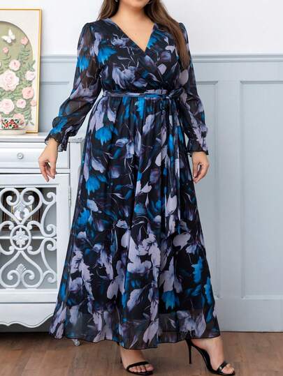 DEARCASE Plus Size Lady Floral Print V-Neck Long Sleeve Dress Vacation Elegant Spring
