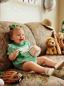Baby Girls Romper, Short Sleeve Crew Neck Plaid Embroidery Infant Bodysuit Summer Clothes - Green - View 5