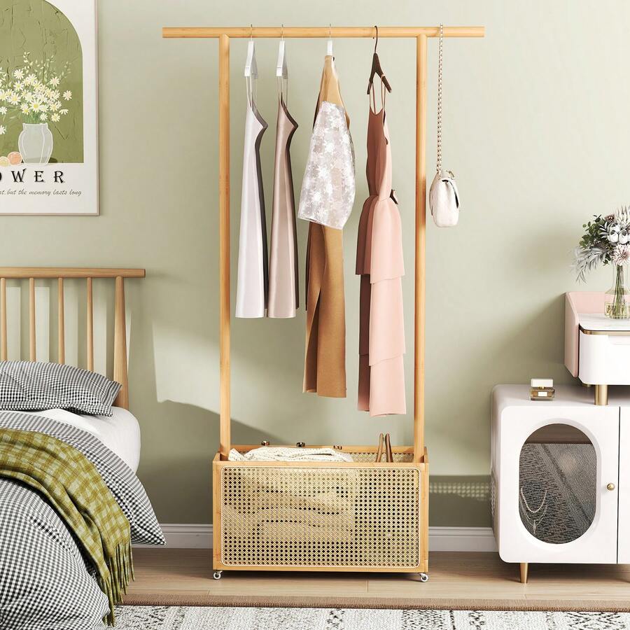 COSTWAY Bamboo Clothes Rack, Coat Hanger Stand With Rattan Storage Basket & Wheels, Rolling Garment Rack, 2-In-1 Clothing Hanging Rail For Hallway Living Room Bedroom, Brown/Natural - Apricot - View 1