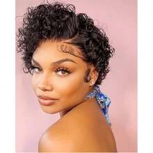 bling hair 6 Inch Pixie Cut Wig Human Hair Short 13x4x1 Curly Lace Front Human Hair Wigs For Women 150% Density C Part Human Hair Wig Chic Elegant Short Curly Wigs Layered Breathable Natural Color Pixie Wig - Natural Black - 查看 9