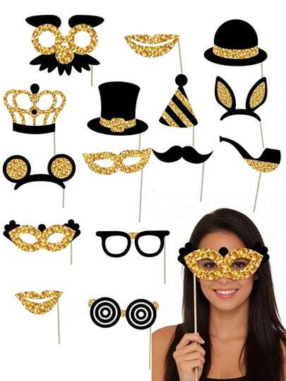16pcs-Photo Booth Props, Black And Golden Wedding Photo Props, Happy Birthday Party Favors Supplies For Women Men Birthday Party Props Decoration, For Birthday, Wedding, Party, Disco Carnival, Mix Of Hats, Lips, Ties, Crowns, Party Game And Event Photoshoot Supplies