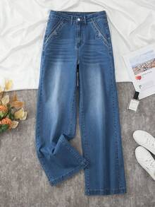 Women's Casual Denim Jeans (Waist Cinching And Hip Lifting - Small Size, Blue), Simple Style, Suitable For All Seasons, Loose Hem, Back Pocket Design, Suitable For Daily Wea - 藍色 - 查看 5