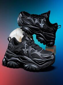 7cm Elevator Women's Outdoor Casual Sports Shoes With Detachable Punk Style 3D Metal Silver Butterfly Decor Chain, EVA Platform High-Top Sneakers, Lightweight Soft Shock-Absorbing Non-Slip Round Toe Lace-Up Black Shoes For College Students, Teens, Daily, Workout, Office Wear - Black - View 8