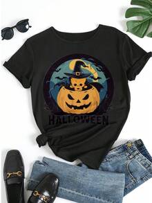 Women's Halloween Graphic Tee Pumpkin Skull Witch Hat Print Short Sleeve Round Neck Casual T-Shirt  Holiday Party Loose Fit Top - 黑色 - 查看 5