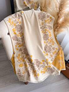 1 pezzo Elegante sciarpa/stola in jacquard con motivo floreale e vegetale in finta cashmere, calda e versatile per le donne, adatta per l'autunno/inverno, per abbinamenti e decorazioni quotidiani - beige - Visualizzare 3