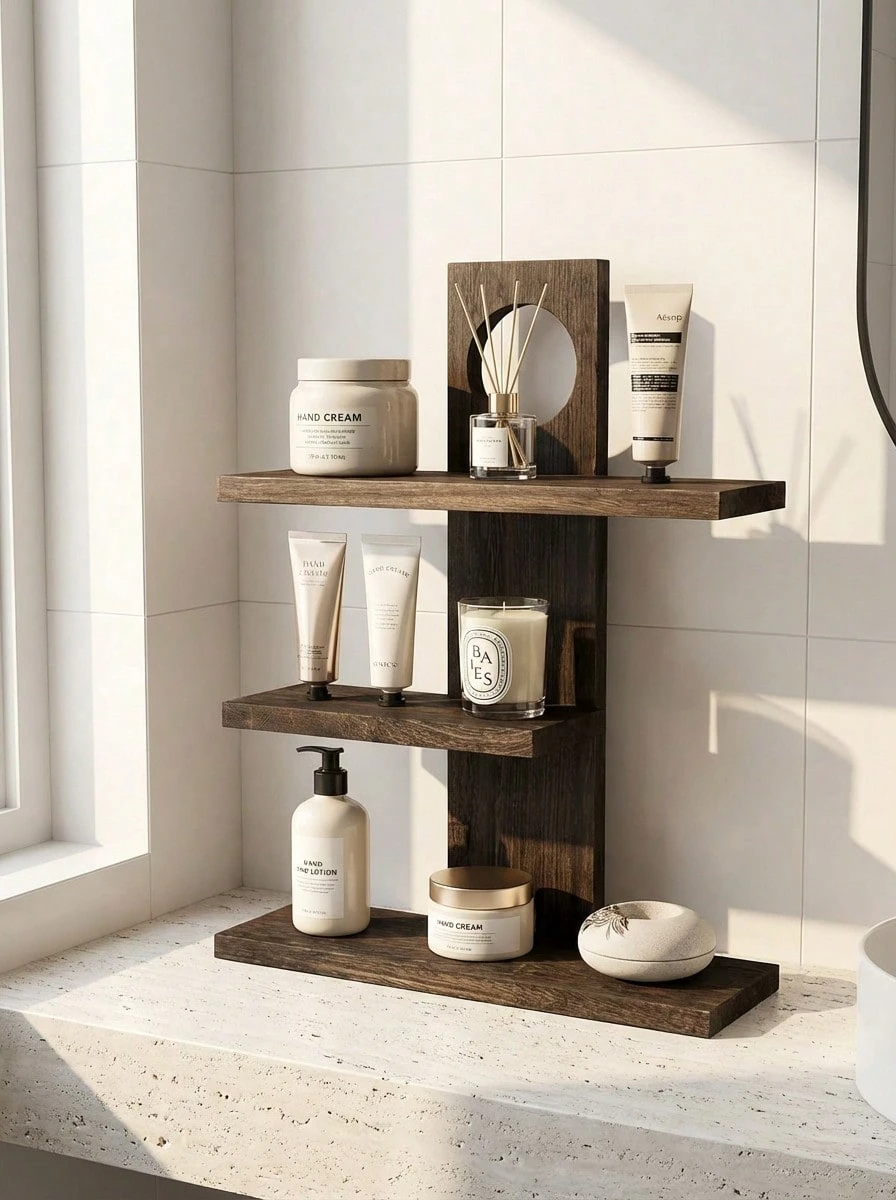 Cirelle 1pc Retro Wooden Perfume Rack, Vintage Solid Wood Multi-Layer Cosmetic Display Shelf - Brown - View 1