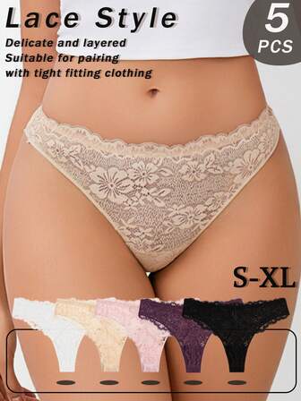 5pcs/Set Solid Color High Waist Lace Patchwork Floral Print Butterfly Design Women Thong Panty Set, Suitable For Daily And Special Occasions