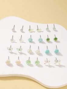 12 pares de pendientes surtidos elegantes y lindos, incluye diseños de moño, flor y resina, pendientes de botón no duplicados para mujeres - Multicolor - Ver 3