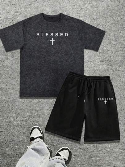 男士休闲百搭复古水洗英文标语短袖T恤短裤套装，春夏款