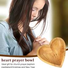 1 Pcs Heart-Shaped Wooden Prayer Bowl Plate With Engraved Cross And Prayer Cards, Thanksgiving Christmas Home Decor Gift - 杏色 - 查看 6