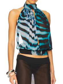 Y2k Halter Top For Women Sleeveless Cowl Neck Slit Front Going Out Tank Tops Tie Up Backless Summer Crop Top - 藍色 - 查看 4