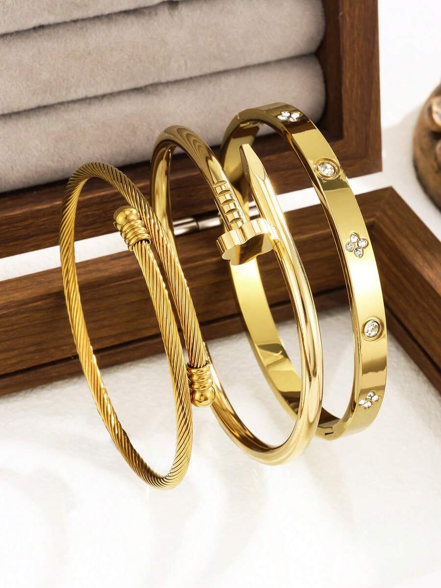 新款时尚高品质不锈钢花朵锆石女士手镯首饰套装，适合日常佩戴 - 金黃色4 - 查看 1