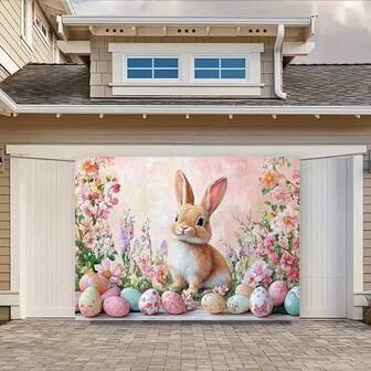 Fondo de fotografía plano 2D con conejito de Pascua y huevos - Fondo de estudio con flores primaverales, conejito, huevos y vegetación verde, adecuado para decoración de fiesta de búsqueda de huevos de Pascua, bautizo, boda, fotos - Tema de primavera, plano 2D