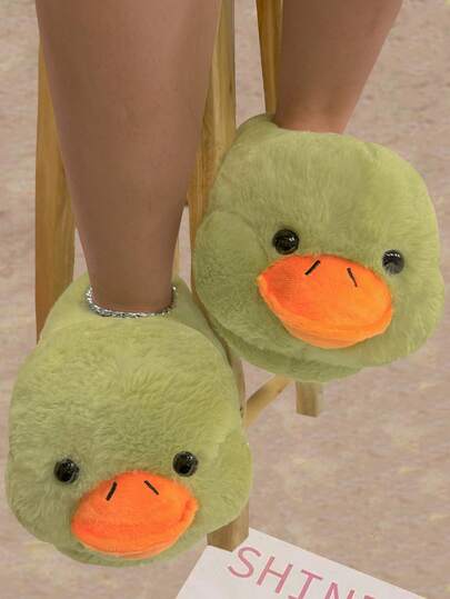 Autumn/Winter, Spring Festival New Cartoon Cotton Slippers, Halloween, Christmas Gift, Women Cute Plush Warm Comfortable Lightweight Non-Slip Thick Sole Home Party Couple Soft Neon Green Duck Heel Indoor Warm Winter Shoes