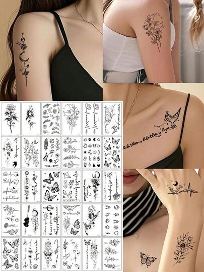 30张创意黑色小图案临时纹身贴纸，逼真树枝、星空、蝴蝶花朵图案，防水，适用于手臂、脸部、手指和颈部等身体部位。
