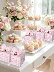 1pc Pink Plaid Gift Box With Big Bow, Cute Plaid Pattern, Suitable For Wedding, Baby Shower, Birthday Party Candy Packaging - Multicolor - View 2