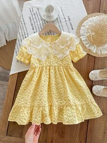 Young Girl' Elegant Middle Eastern Style Summer Party Dress, Floral Lace Collar Design, Textured Fabric, Cute Puff Sleeves, Waist Cinched, Yellow Princess Dress - Yellow - View 2