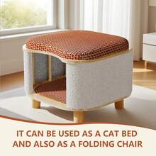 Wooden Cat Bed Stool, Stylish Indoor Cat House Furniture With Rattan Cushion, Scratch Pad & Strong Weight Capacity, Cat Cave And Seat In One - Mocha Brown - View 4