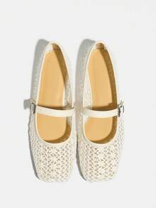 Plus Size Women's Fashion Hollow Knit Embroidered Brown & White Flat Square Toe Mesh Low Vamp Spring/Summer Ballet Shoes, Casual Comfortable Strap Mary Jane Shoes