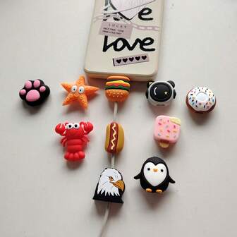 10个可爱卡通老鹰/粉色冰淇淋/蜜蜂猫爪动物手机充电线卡通夹保护套，适用于苹果、安卓、Type-C通用数据线，防摔