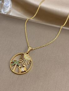 1 Pc 14K Gold Plated Summer Pendant Necklace For Women Stainless Steel Chain Cubic Zirconia Cute Necklace Choker Jewelry Gifts Valentine Mother Day - Multicolor - View 6