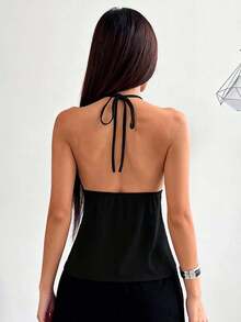 Women's Summer Halter Neck Tops Fashionable Solid Color Sleeveless Deep V Neck Open Back Vest - 黑色 - 查看 2