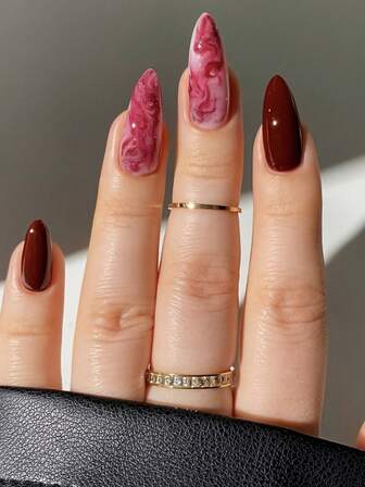 Monina 24pcs Wine Red Tie Dye Almond False Nails, Y2K Baddie Gradient Minimalist Sexy Charming Sweet Fashion Wear, High-End Elegant Versatile Manicure, Women's Festival Gift & Daily Essential Nail Art