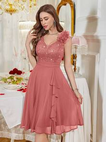 MIUSOL V-Neck Sequin Floral Lace Contrast Color Chiffon Sleeveless Ruffle Hem Cocktail Party Swing Dress, A-Line Skirt - Dusty Pink - View 5