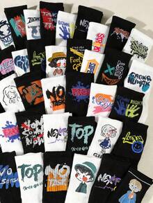 1/3/5/10/20 双装随机男士字母、涂鸦、机器人印花透气吸湿中筒袜，欧美街头风格