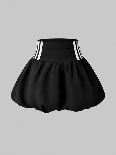 女童夏季时尚优雅多功能条纹弹力腰花苞半身裙（半裙），白色拼接弹力腰带，儿童运动元素裙，适合日常休闲/返校/周末/旅行/夏季户外活动