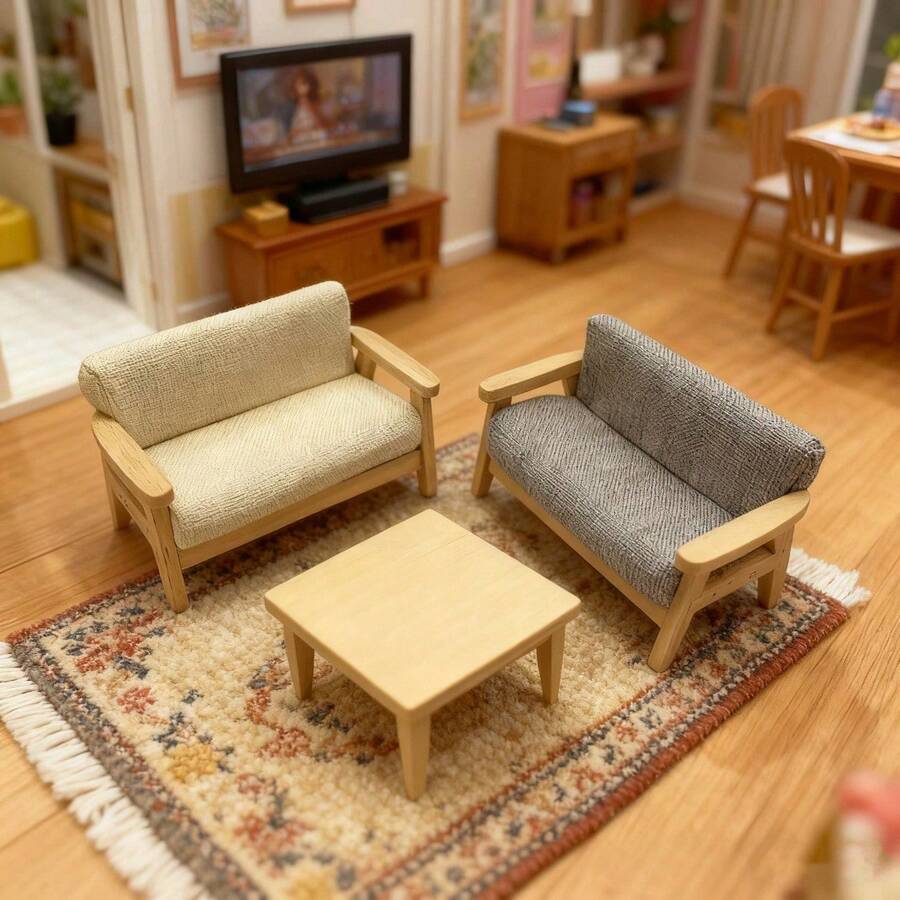 1pc Miniature Wooden Doll House Furniture Sofa, Micro Sofa, Furniture Sofa Model, BJD Micro Family Living Room Scene Double Armchair Sofa, Micro Scene Decor Sofa, Mini Sofa - Multicolor - View 1
